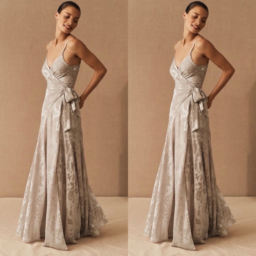 Bhldn Hutch Alden Dress Size L Nwt Gray Silver Maxi Wrap Elegant Formal Gown